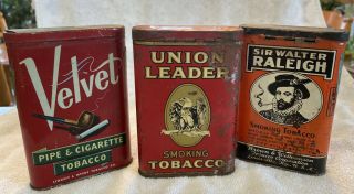 Vintage Smoking Tobacco Pocket Tins Velvet,  Union Leader,  Sir Walter Raleigh