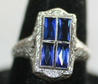 Antique Art Deco 14k Solid White Gold Filigree Sapphire Ring Sz 8.  25