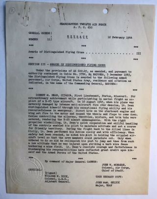 1944 Distinguished Flying Cross Award Vintage Document Military Collectible Usaf