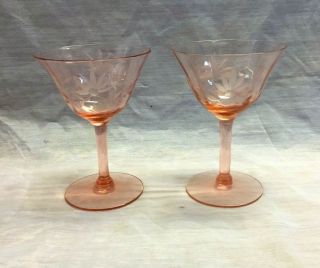Set Of 2 Vintage Pink Depression Glass Etched Panel Wine Champagne 5 " Goblets