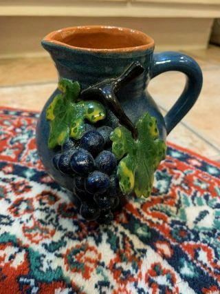 Vintage Studio Art Pottery Applied Grapes 5 " Pitcher Turquoise Green Marked Eu