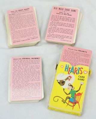 Vtg Whitman Card Games Old Maid Animal Rummy Crazy Eights Hearts Illustrated