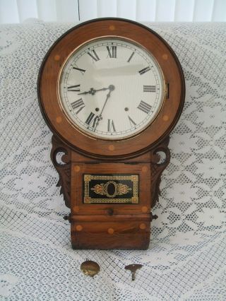 Antique / Stunning / Mahogany Inlaid Drop Dial Wall Clock