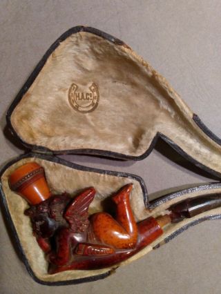 Vintage Carved Wood Cupid Pipe And Case