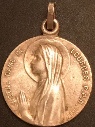 Vintage Catholic Signed Penin Lourdes Silver Tone Religious Medal France