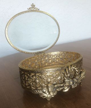 Vintage Hollywood Regency Ornate Gold Vanity Jewelry Casket Box Oval Beveled Gls