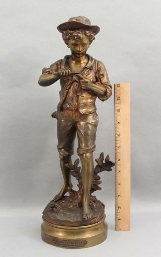 Young Boy Knife Whittling Antique Hippolyte Moreau French Bronze Sculpture,  Nr