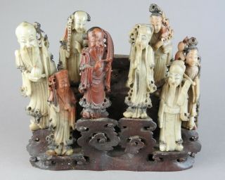 Large Antique Chinese Soapstone Figure Group Of Taoist Eight Immortals 19th C