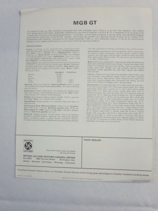 Vintage MG MGB GT Sales Brochure Advertising MGBGT 2
