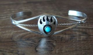 Vintage Native American Navajo Sterling Silver Turquoise Bear Paw Cuff Bracelet