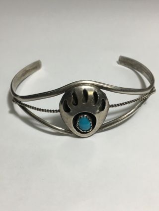 Vintage Native American Navajo Sterling Silver Turquoise Bear Paw Cuff Bracelet 3