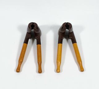 2 Vintage Wood Handled Heavy Duty Spring Loaded Walnut Pecan Cracker Pliers