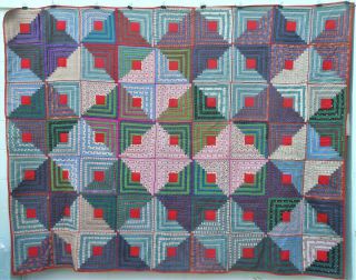 Fabulous Antique Pieced Patchwork Quilt,  " Log Cabin " Hand Stitched Great Fabrics