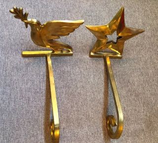 2 Vintage Stocking Hanger/holder Solid Brass/long Arm Dove/star Christmas