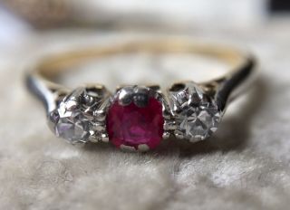 Dainty Antique Edwardian Ruby & Diamond Ring 18ct Gold,  Uk Size I,  Us4