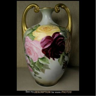 Antique Large 14 " Limoges 2 Handle Vase Hand Painted Roses Heavy Gold Trim