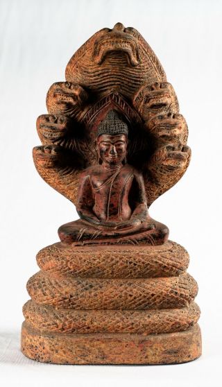 Antique Khmer Style Wood Meditating Naga Buddha Statue - 36cm/14 "
