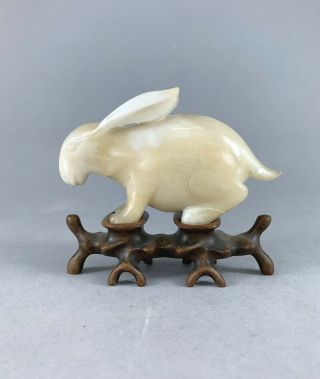 Antique Or Vintage Chinese Jade Rabbit On Wooden Stand