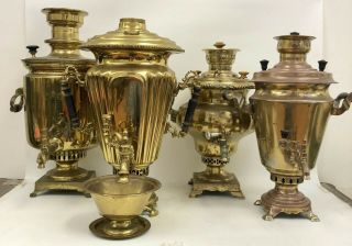 4 Antique Russian Imperial Samovar Heavy Brass Very Rare All Marked Tallest:22 "