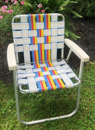 Vintage Aluminum Folding Lawn Chair Retro Webbed Vibrant Colors Of The Rainbow