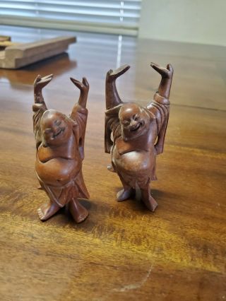 2 Vintage Hand Carved Wooden Happy Buddha Statues