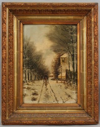 19thc Antique Signed Winter Snow Horse Drawn Carriage Oil Painting & Gilt Frame