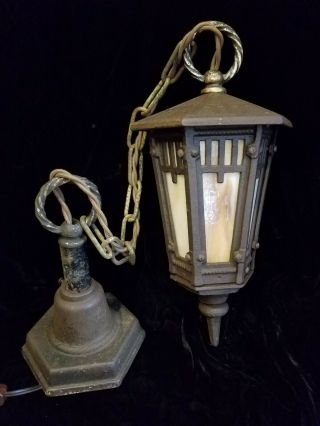 Antique Arts & Crafts Cast Iron Porch Light Hanging Pendant Slag Glass.  Mission