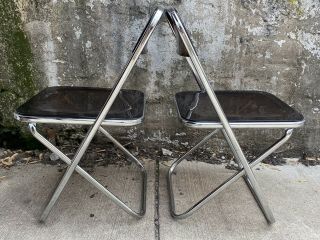 Vintage Folding Smoked Lucite Chrome Dining Side Chairs Made In Italy Pair