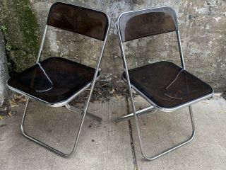 Vintage Folding Smoked Lucite Chrome Dining Side Chairs Made In Italy Pair 2