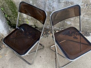 Vintage Folding Smoked Lucite Chrome Dining Side Chairs Made In Italy Pair 3
