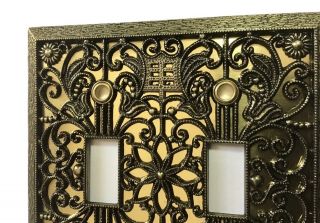 Vintage Brass Double Light Switch Plate Cover - Ornate Filigree Pattern