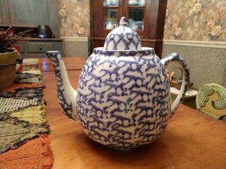Antique Spongeware Teapot Blue White Stoneware Salt Glaze Yellow Ware Yelloware