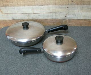 2 - Vintage Revere Ware Skillets Fry Pans Copper Clad Bottoms 7 " & 10 " W/ Lids