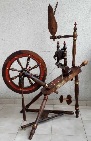 Antique Unique Spinning Wheel W/ Bone And Bronze Details 1899,  1 Bobbin