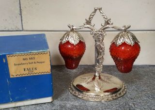 Vintage Hanging Strawberries Glass Salt & Pepper Shakers With Metal Stand