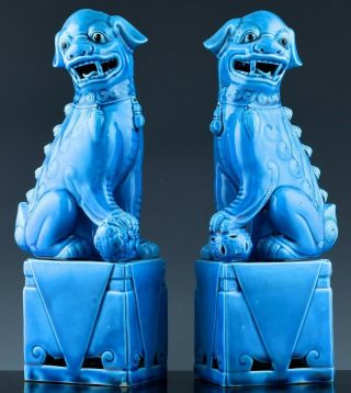 Fine Quality C1900 Chinese Royal Blue Glaze Buddhist Fu Lion Protector Figures