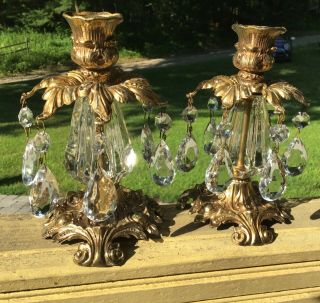 Pair Vintage Candle Holders Gold? Brass? Plated.  W.  Glass Prisms Ornate Baroque