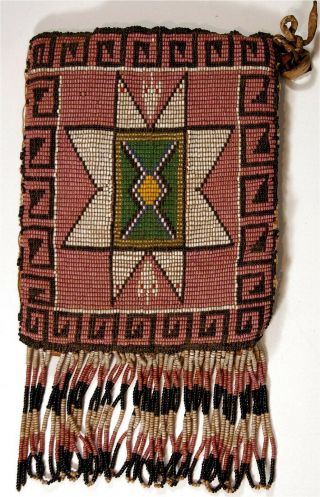 1890s Native American Sioux / Mandan Indian Bead Decorated Hide Bag Beaded Pouch