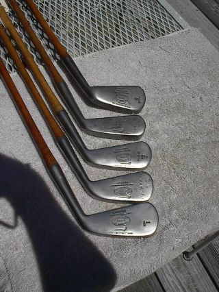 Tom Stewart - Mashie - Jigger Five Antique Vintage Wood Hickory Shafted Golf Irons