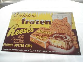 Reeses Peanut Butter Cup Candy Tin Sign 1999 Hershey Foods Vintage Wall Art
