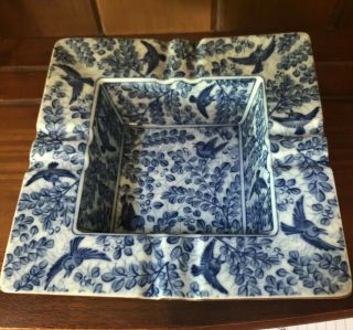Vintage Blue And White Square Ceramic Ashtray Floral Bird Toile Scene 6.  5x6.  5”
