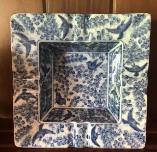 Vintage Blue And White Square Ceramic Ashtray Floral Bird Toile Scene 6.  5x6.  5” 3