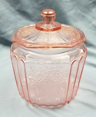 Vintage Hocking Glass Mayfair Open Rose Pink Depression Glass Biscuit Cookie Jar