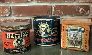 3 Vintage Pipe Tobacco Tins Sir Walter Raleigh,  George Washington,  Continental