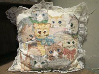 Vtg Decorative Pillow Case Cover Cat Kitten Embroidered Crosstitch Needlepoint