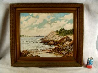 Antique 1927 Coastal Rocky Cliff Sailboat Seascape Oil Painting