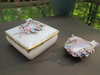 Vintage Lefton China Hand Painted Pink Trinket Dish & Ashtray Set Swans Flowers
