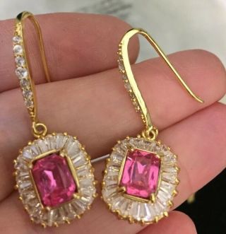Vintage Style Jewellery Delightful Sapphire Pink Baguette Crystal Drop Earrings