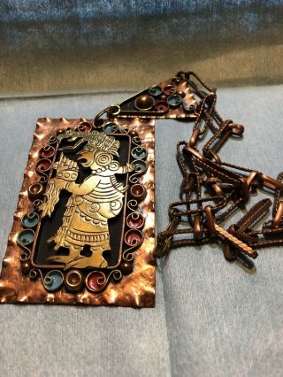 Very Vintage Hand Crafted Mayan / Aztec Goddess Pendant & Chain Copper/enamel