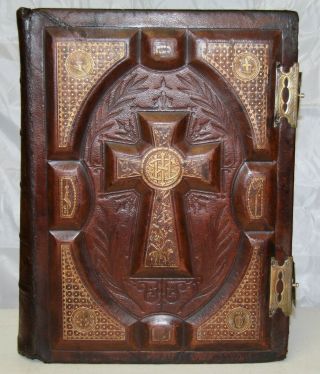 C1885 Huge Antique Family Catholic Bible Douay Rheims Clasps 14 3/8 " Tall